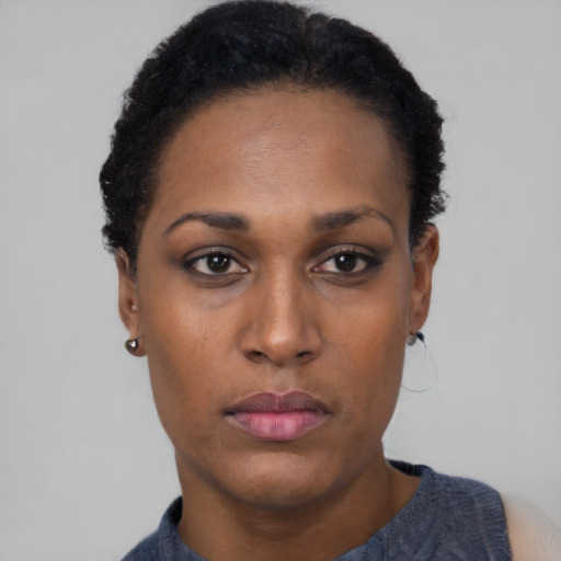 Neutral black young-adult female with short  black hair and brown eyes