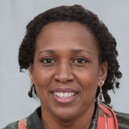 Joyful black adult female with short  brown hair and brown eyes