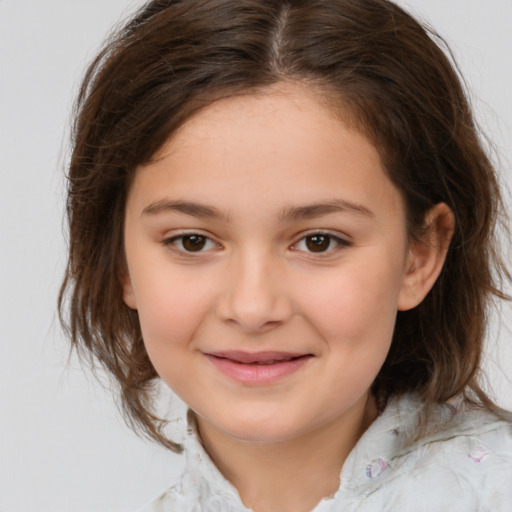 Joyful white child female with medium  brown hair and brown eyes