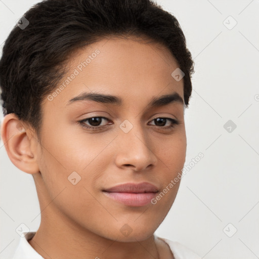 Joyful latino young-adult female with short  brown hair and brown eyes