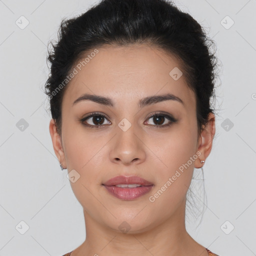 Joyful white young-adult female with short  black hair and brown eyes