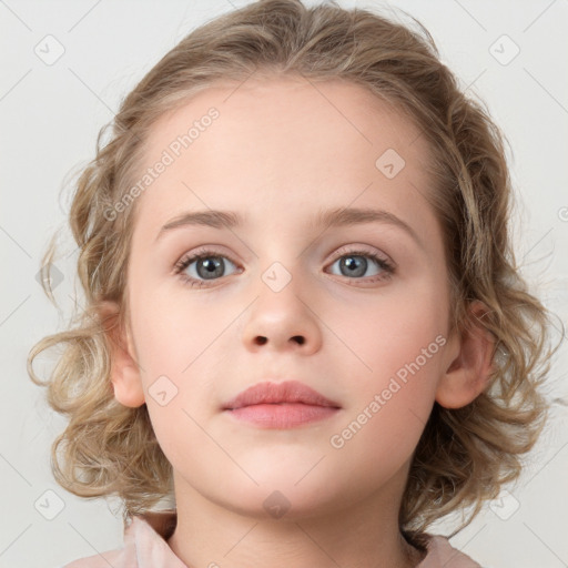 Neutral white child female with medium  brown hair and blue eyes