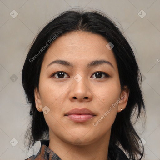 Neutral asian young-adult female with medium  black hair and brown eyes