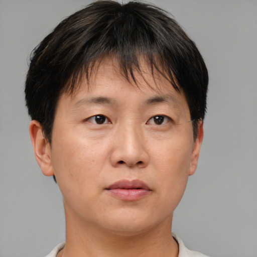 Neutral asian adult male with short  brown hair and brown eyes