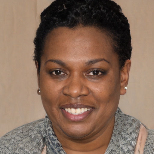 Joyful black adult female with short  black hair and brown eyes