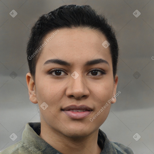 Joyful latino young-adult female with short  brown hair and brown eyes