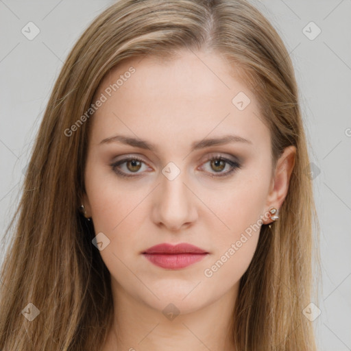 Neutral white young-adult female with long  brown hair and brown eyes