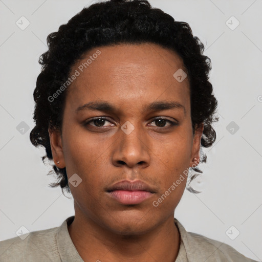 Neutral black young-adult female with short  black hair and brown eyes
