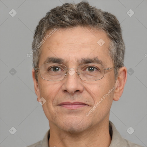 Joyful white middle-aged male with short  brown hair and brown eyes