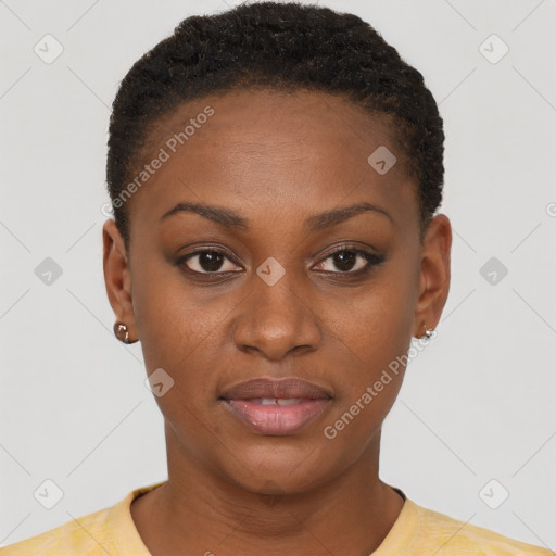 Joyful black young-adult female with short  brown hair and brown eyes