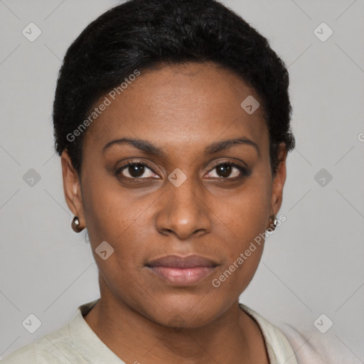 Joyful black young-adult female with short  black hair and brown eyes