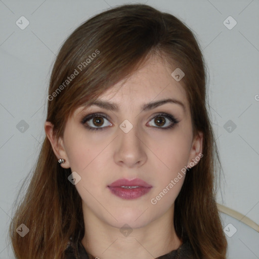 Neutral white young-adult female with long  brown hair and brown eyes