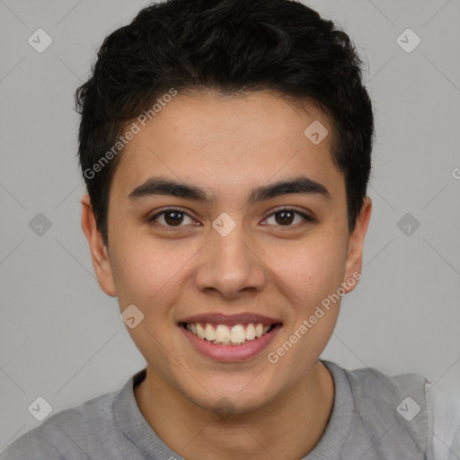 Joyful latino young-adult male with short  brown hair and brown eyes