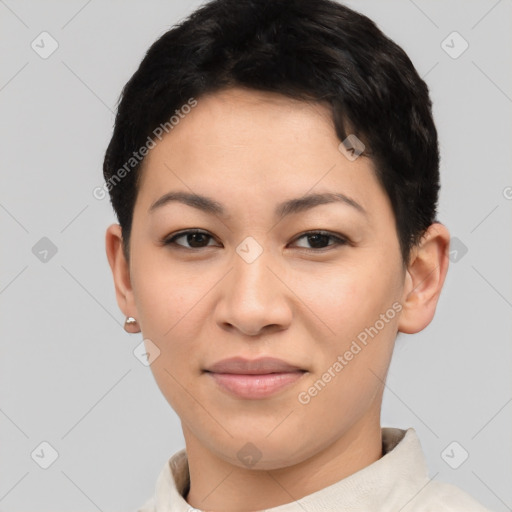 Joyful asian young-adult female with short  brown hair and brown eyes