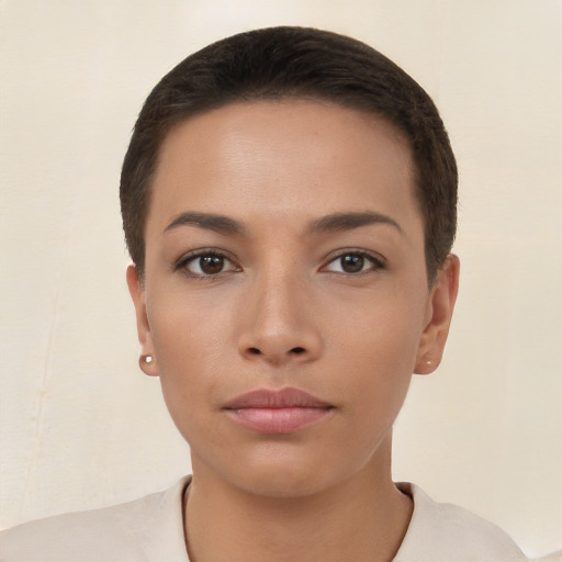 Neutral white young-adult female with short  brown hair and brown eyes