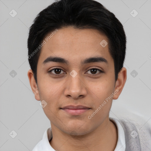 Neutral latino young-adult male with short  black hair and brown eyes