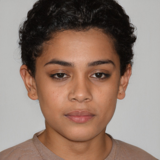 Neutral latino young-adult female with short  black hair and brown eyes
