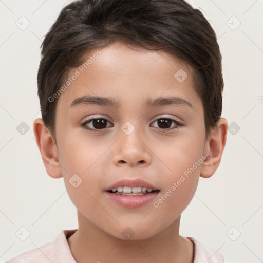 Joyful white child female with short  brown hair and brown eyes