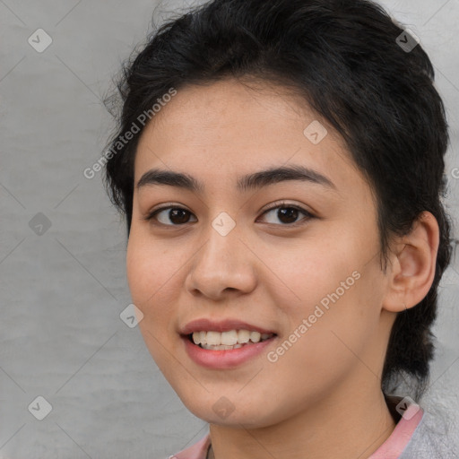 Joyful latino young-adult female with medium  brown hair and brown eyes