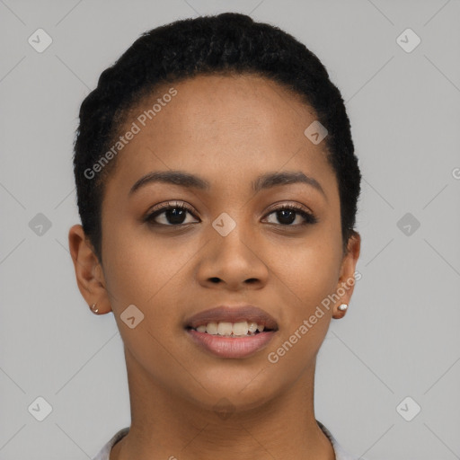 Joyful latino young-adult female with short  black hair and brown eyes