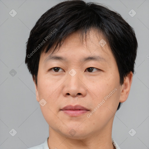 Joyful asian adult male with short  black hair and brown eyes