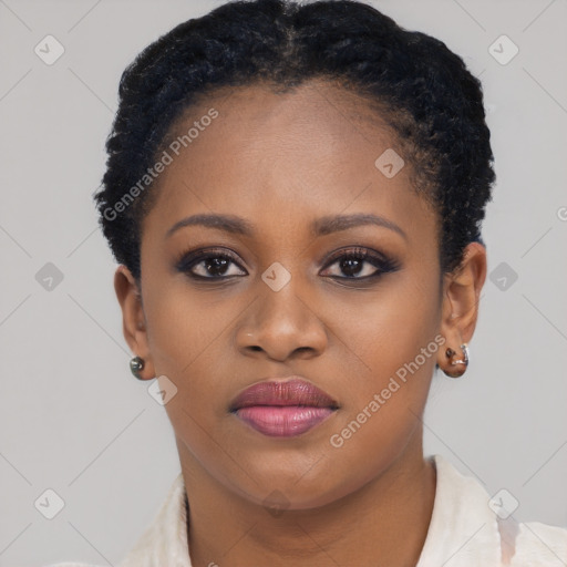 Joyful black young-adult female with short  black hair and brown eyes