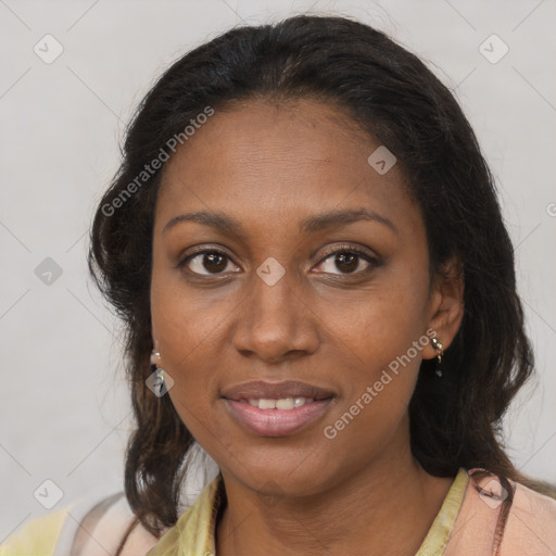 Joyful black young-adult female with medium  brown hair and brown eyes