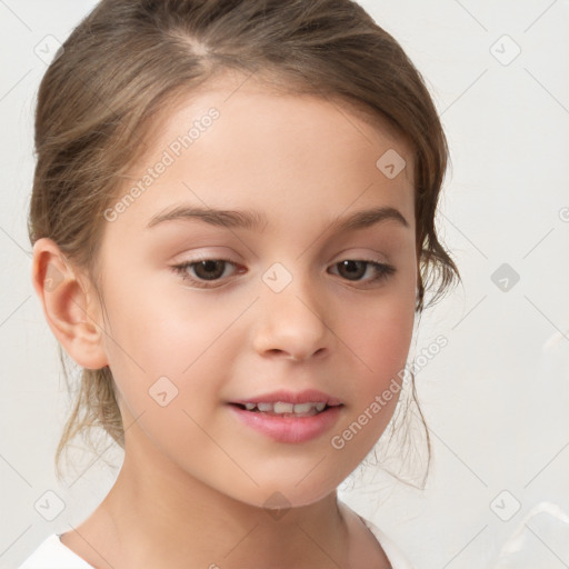 Joyful white child female with medium  brown hair and brown eyes