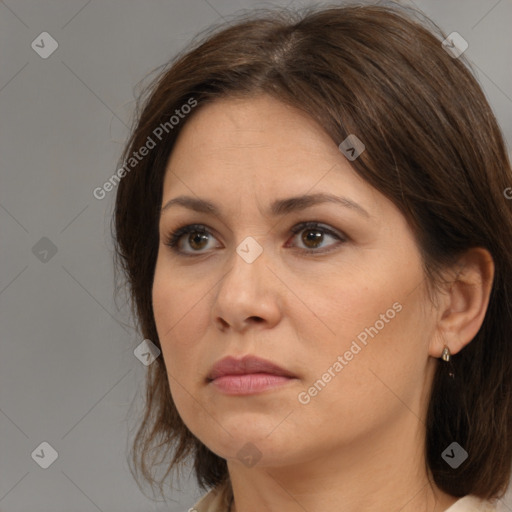 Neutral white adult female with medium  brown hair and brown eyes