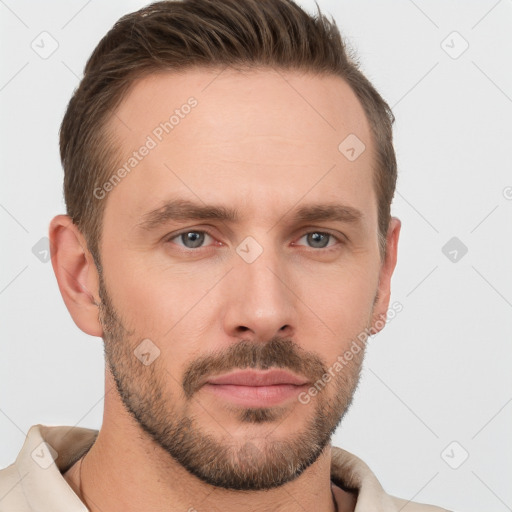 Neutral white young-adult male with short  brown hair and grey eyes