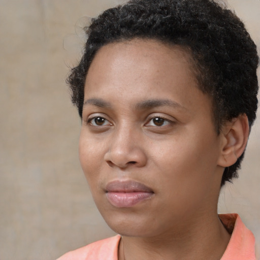 Neutral white young-adult female with short  black hair and brown eyes
