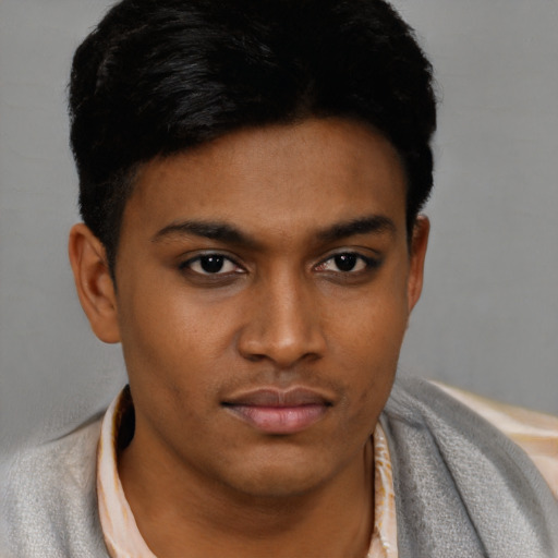 Neutral black young-adult male with short  black hair and brown eyes