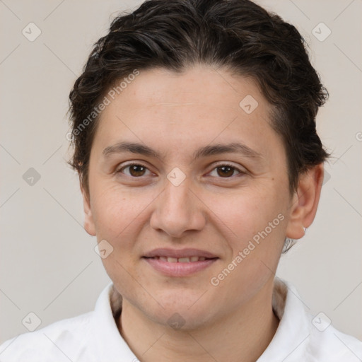 Joyful white young-adult female with short  brown hair and brown eyes