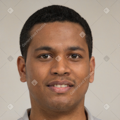 Joyful latino young-adult male with short  brown hair and brown eyes