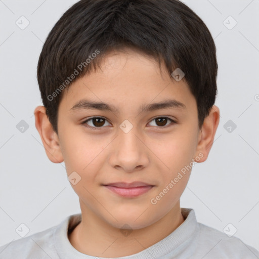 Joyful white child male with short  brown hair and brown eyes