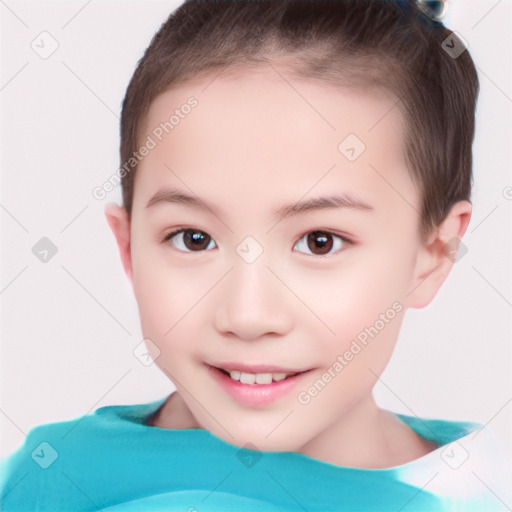 Joyful white child female with short  brown hair and brown eyes