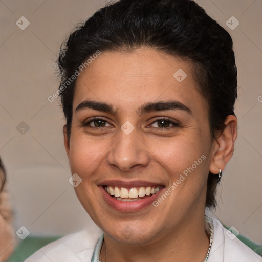 Joyful white young-adult female with short  brown hair and brown eyes