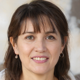 Joyful white adult female with medium  brown hair and grey eyes