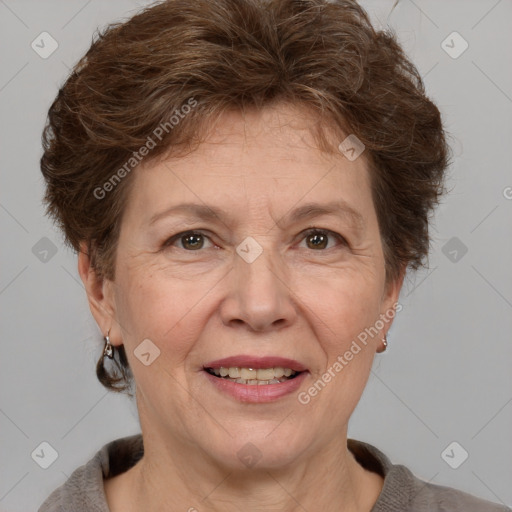 Joyful white adult female with short  brown hair and grey eyes