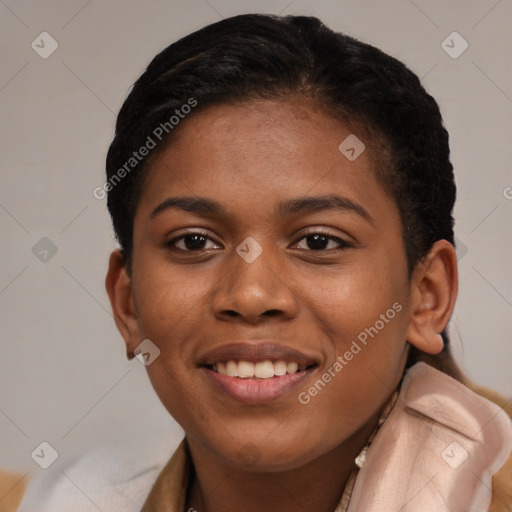 Joyful black young-adult female with short  brown hair and brown eyes