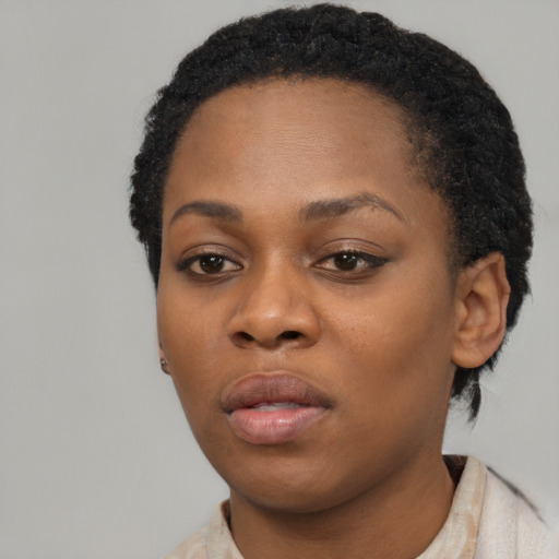 Neutral black young-adult female with short  black hair and brown eyes