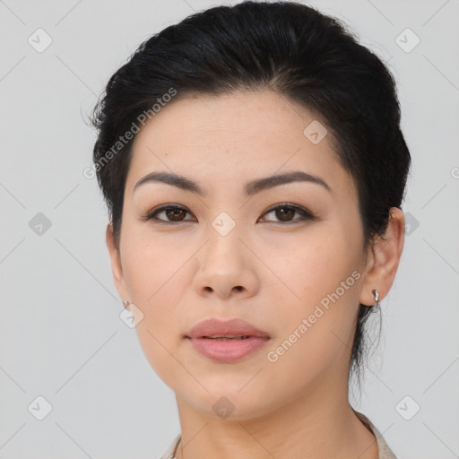 Neutral asian young-adult female with short  brown hair and brown eyes