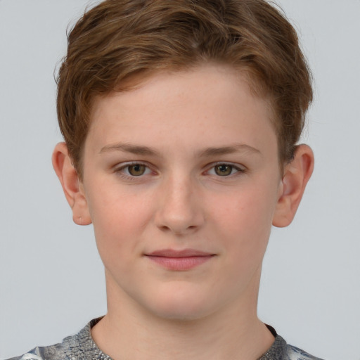 Joyful white child female with short  brown hair and grey eyes