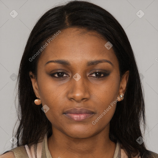 Neutral black young-adult female with long  brown hair and brown eyes