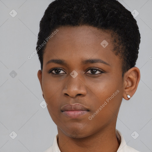 Neutral black young-adult female with short  black hair and brown eyes
