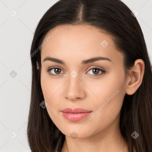 Neutral white young-adult female with long  brown hair and brown eyes