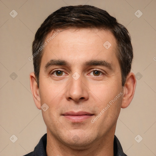 Joyful white young-adult male with short  brown hair and brown eyes