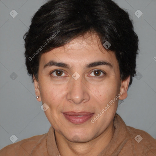 Joyful white adult female with short  brown hair and brown eyes