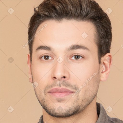 Neutral white young-adult male with short  brown hair and brown eyes