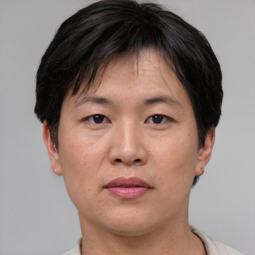 Neutral asian adult female with short  brown hair and brown eyes